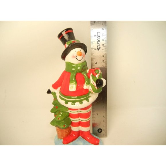 Snowman dandy, 9 in. standing ceramic hand painted snowman  with top hat - Picture 2 of 11
